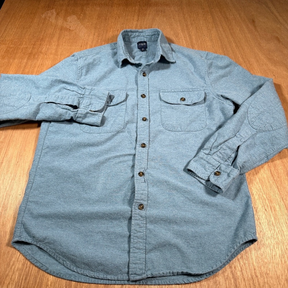 J.Crew Flannel Shirt Mens Medium Blue Long Sleeve Elbow Patch AF849 Cotton